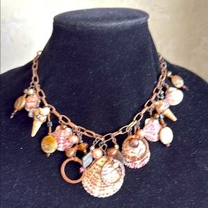 Copper artistic real seashells fresh water pearls crystals wire wrapped Necklace